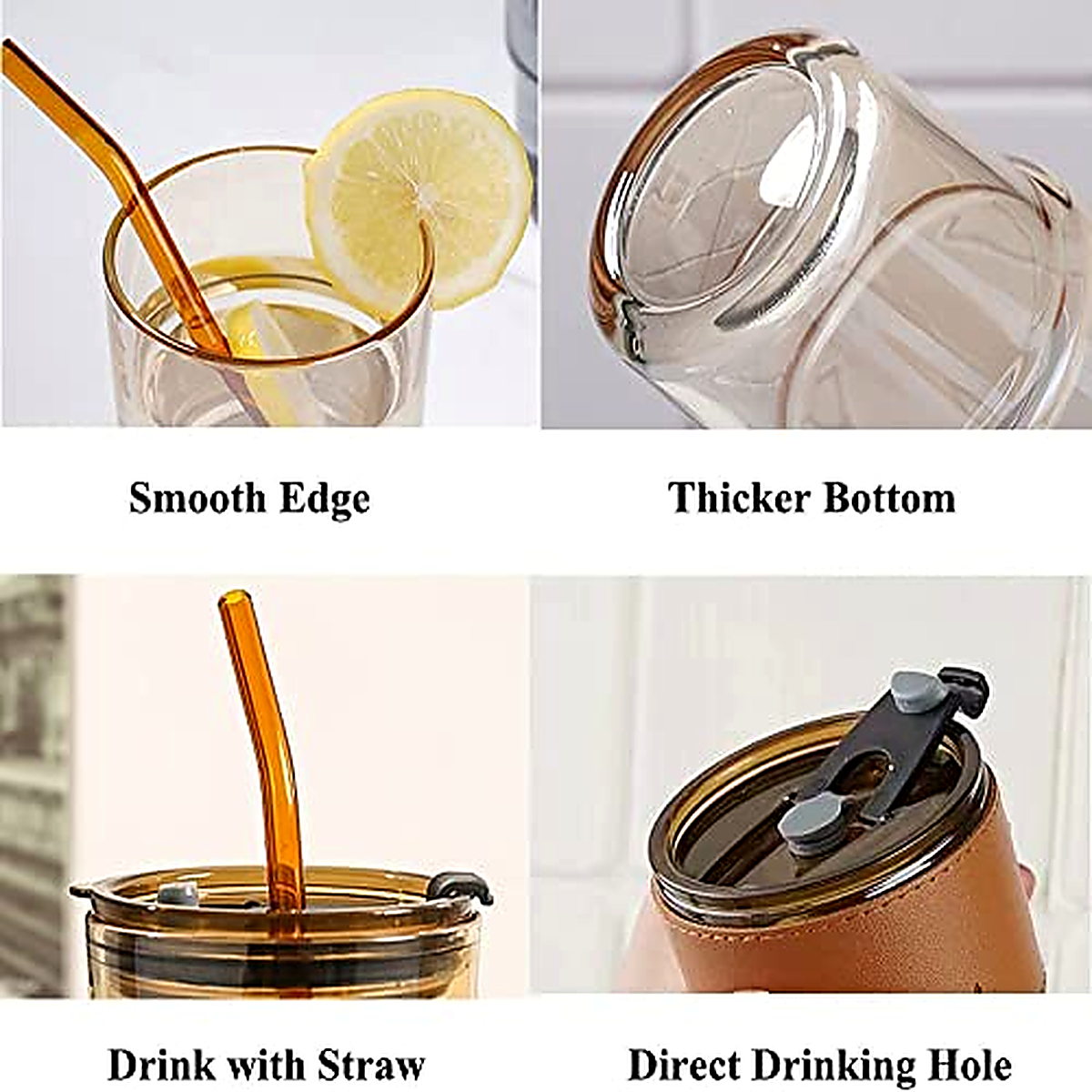 Amber Glass Tumblers - 2-Piece Straw & Lid Set