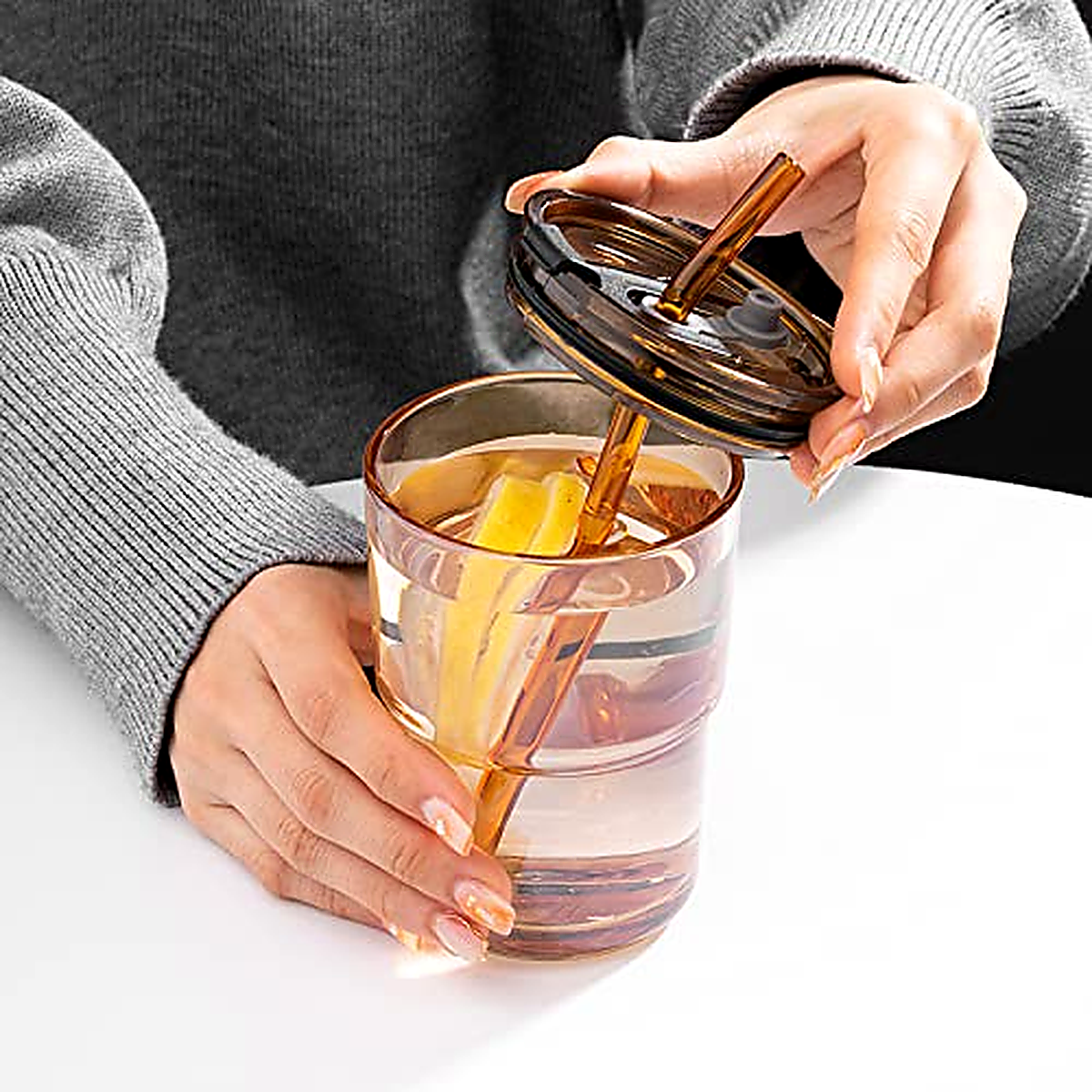 Amber Glass Tumblers - 2-Piece Straw & Lid Set