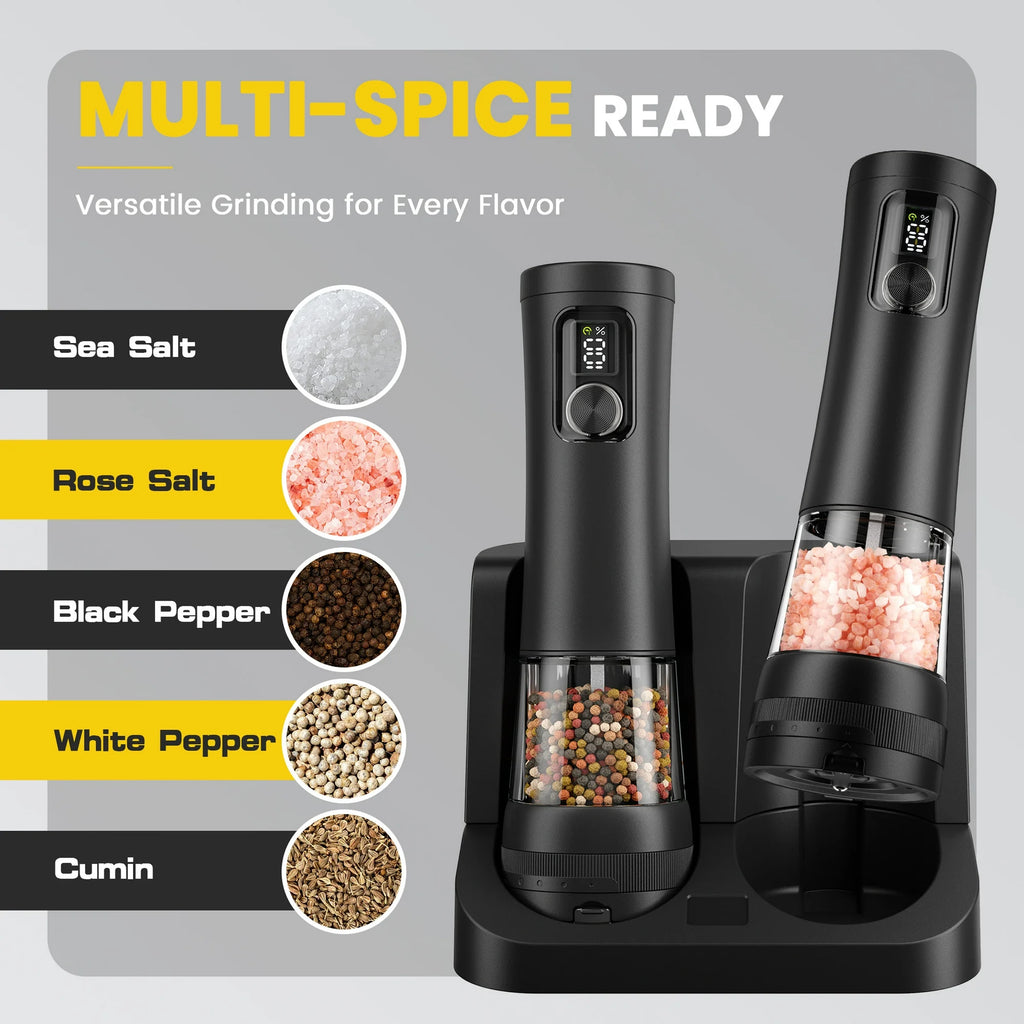 Electric Salt & Pepper Grinder Set | Rechargeable, LED Display, Adjustable Grind Levels