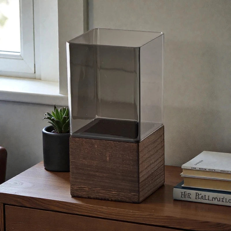 Modern Rectangular Acrylic Vase with Wooden Base