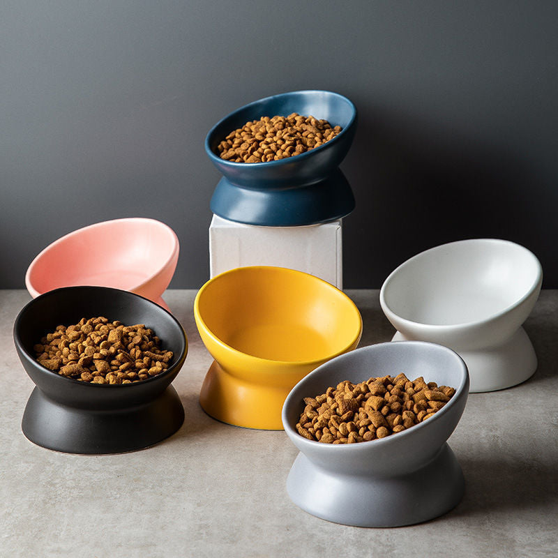Elevated Tilted Ceramic Pet Bowl | Anti-Knock, Neck-Protecting, Non-Slip Food Bowl for Cats & Small Dogs