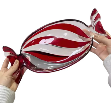 Glass Candy-Shaped Decorative Platter | Red & Clear Stripe Design