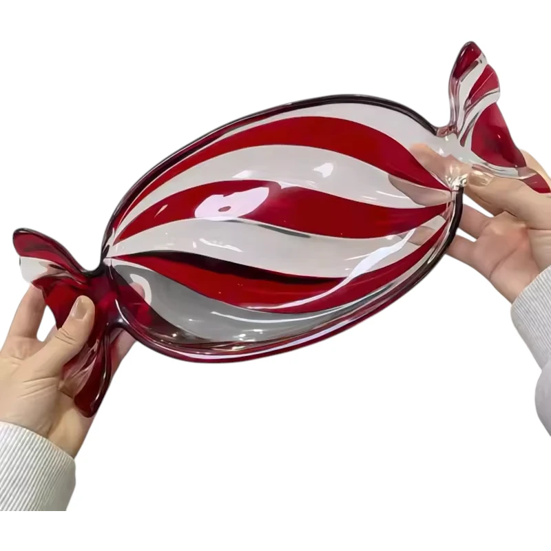 Glass Candy-Shaped Decorative Platter | Red & Clear Stripe Design