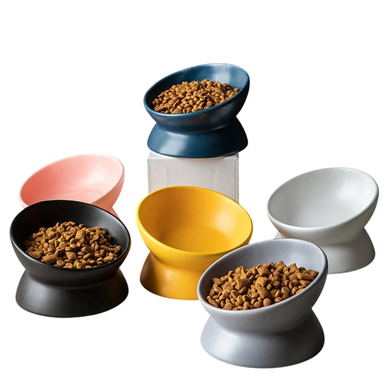 Elevated Tilted Ceramic Pet Bowl | Anti-Knock, Neck-Protecting, Non-Slip Food Bowl for Cats & Small Dogs