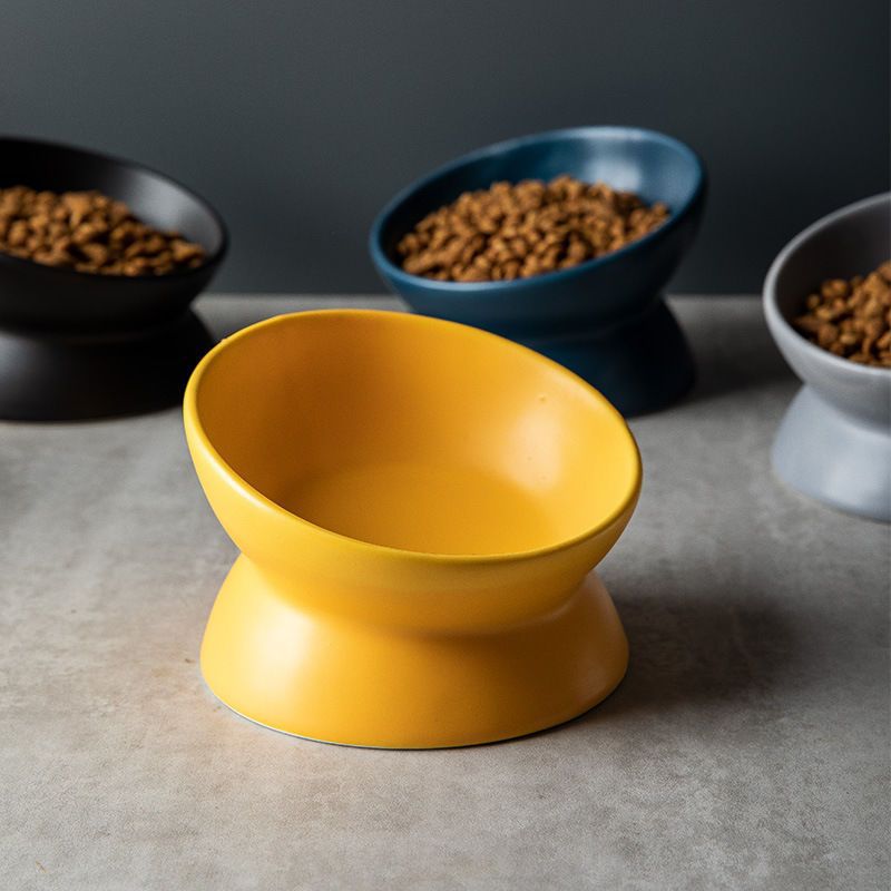 Elevated Tilted Ceramic Pet Bowl | Anti-Knock, Neck-Protecting, Non-Slip Food Bowl for Cats & Small Dogs