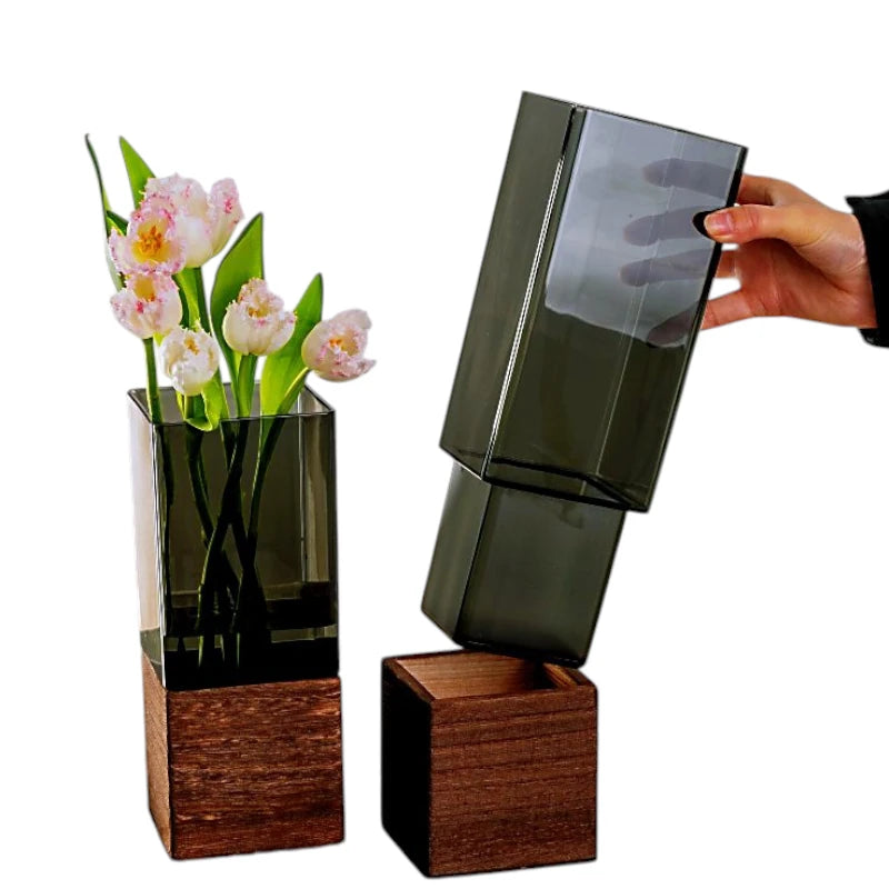 Modern Rectangular Acrylic Vase with Wooden Base