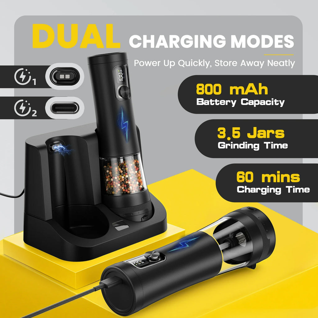 Electric Salt & Pepper Grinder Set | Rechargeable, LED Display, Adjustable Grind Levels