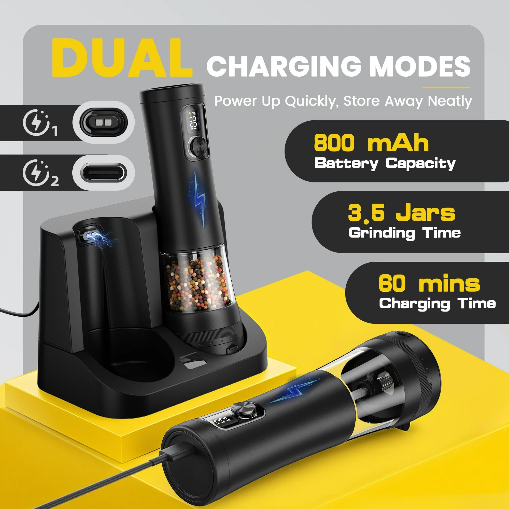 Electric Salt & Pepper Grinder Set | Rechargeable, LED Display, Adjustable Grind Levels