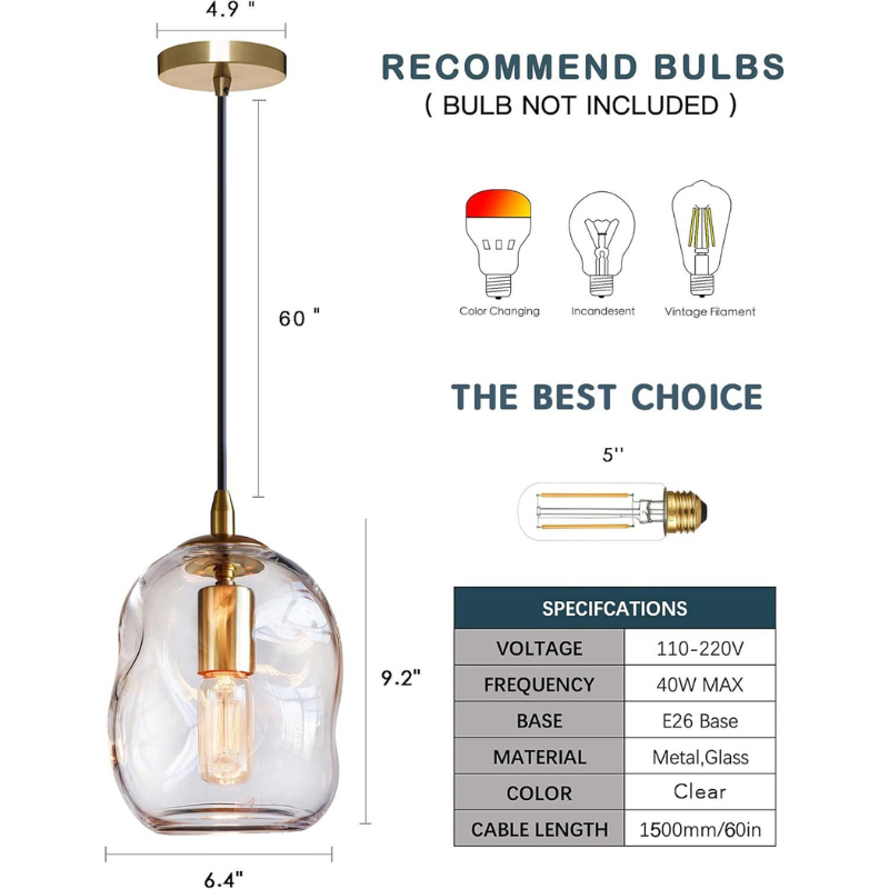 Modern Glass Pendant Lights Set of 2 - Adjustable Cord