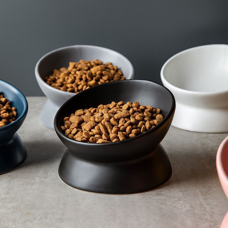 Elevated Tilted Ceramic Pet Bowl | Anti-Knock, Neck-Protecting, Non-Slip Food Bowl for Cats & Small Dogs
