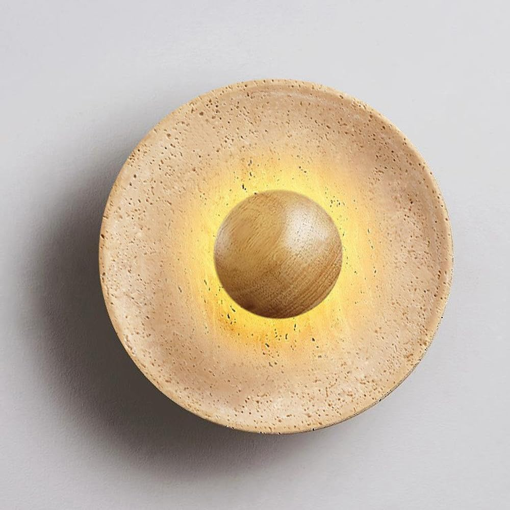 Travertine Round Wall Sconce with Wooden Accent