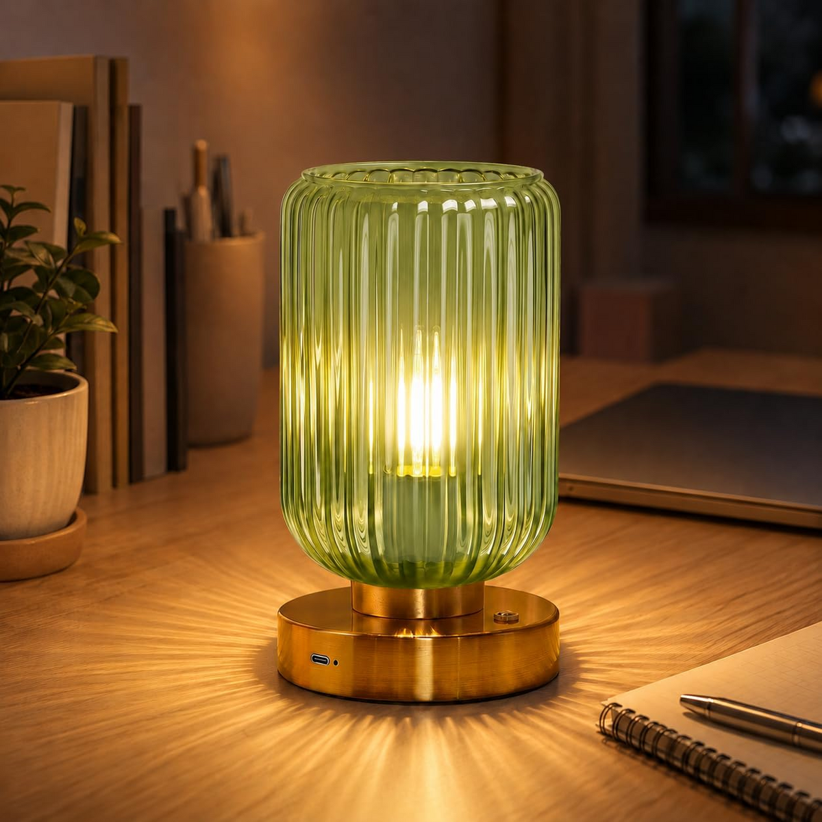 Green Ribbed Glass Table Lamp