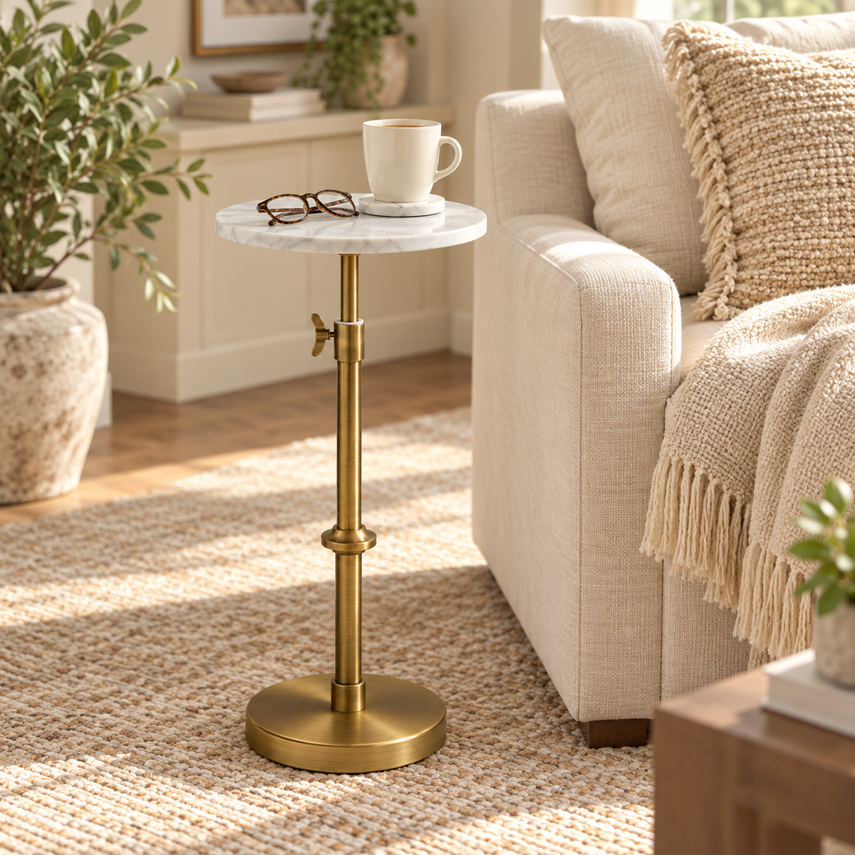 Adjustable Marble Drink Table - Antique Brass Base
