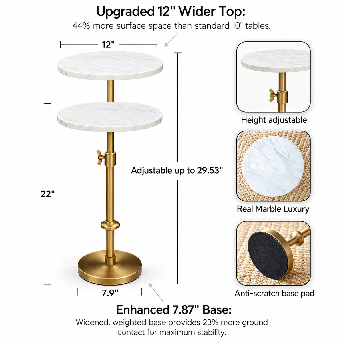 Adjustable Marble Drink Table - Antique Brass Base