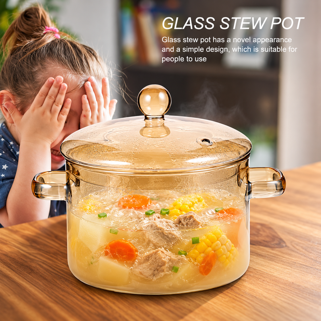 Amber Glass Cooking Pot - Heat-Resistant with Lid