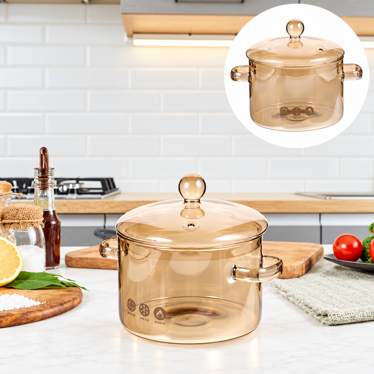 Amber Glass Cooking Pot - Heat-Resistant with Lid