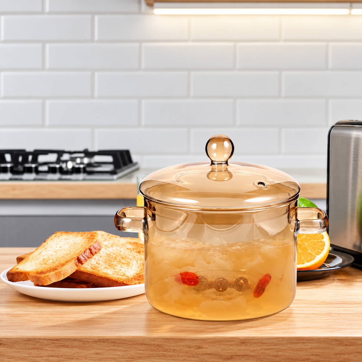 Amber Glass Cooking Pot - Heat-Resistant with Lid