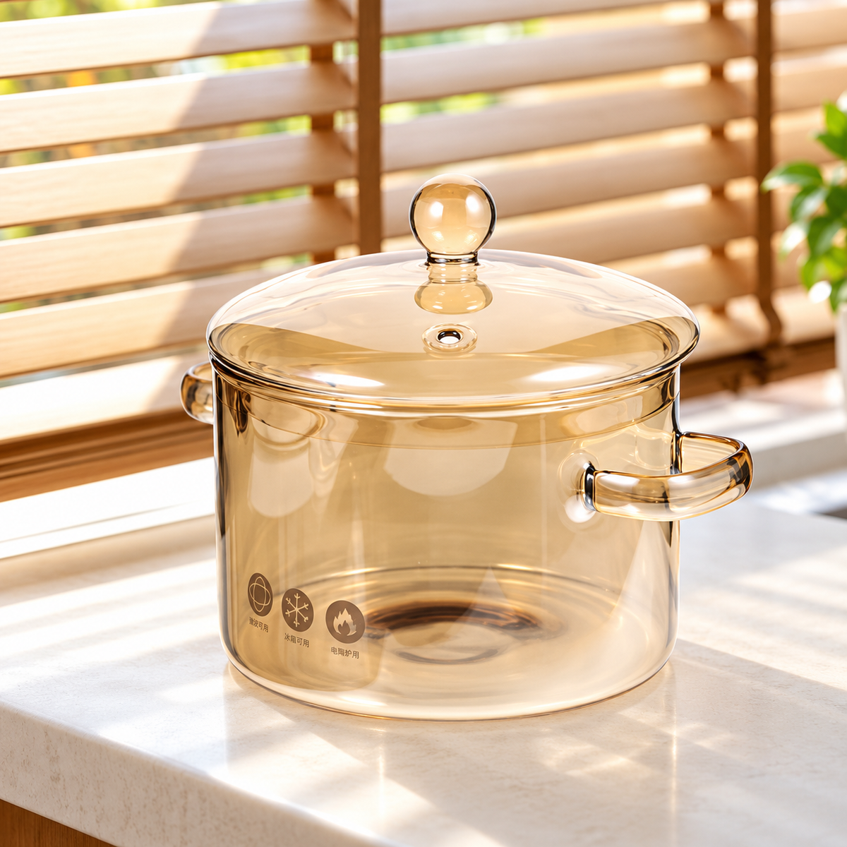 Amber Glass Cooking Pot - Heat-Resistant with Lid