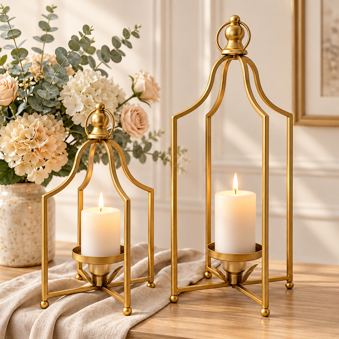 Antique Gold Candle Lanterns - Set of 2