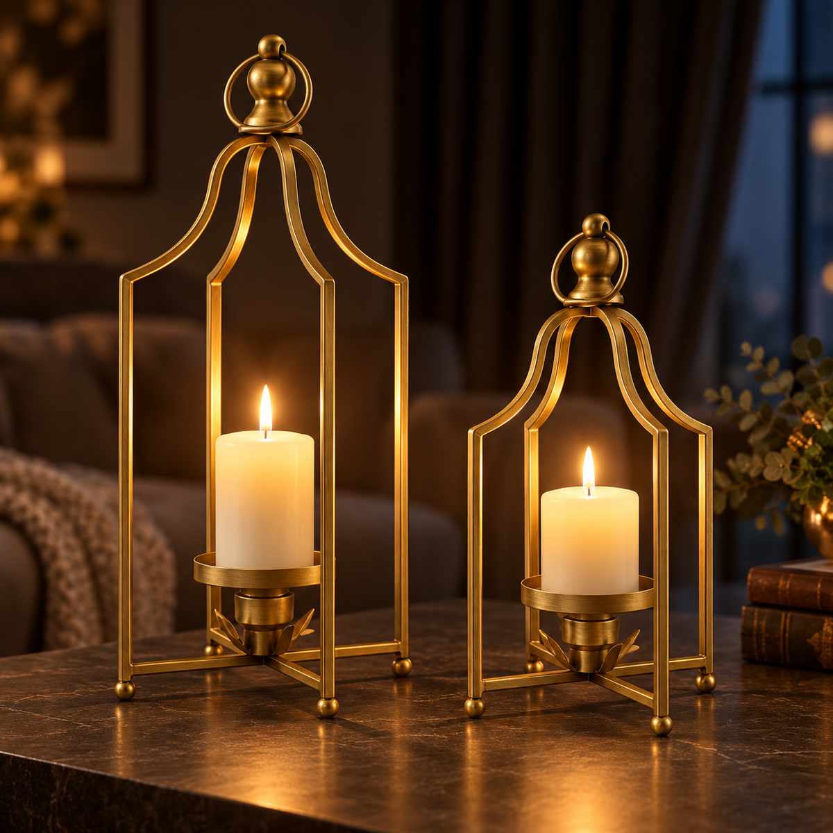 Antique Gold Candle Lanterns - Set of 2
