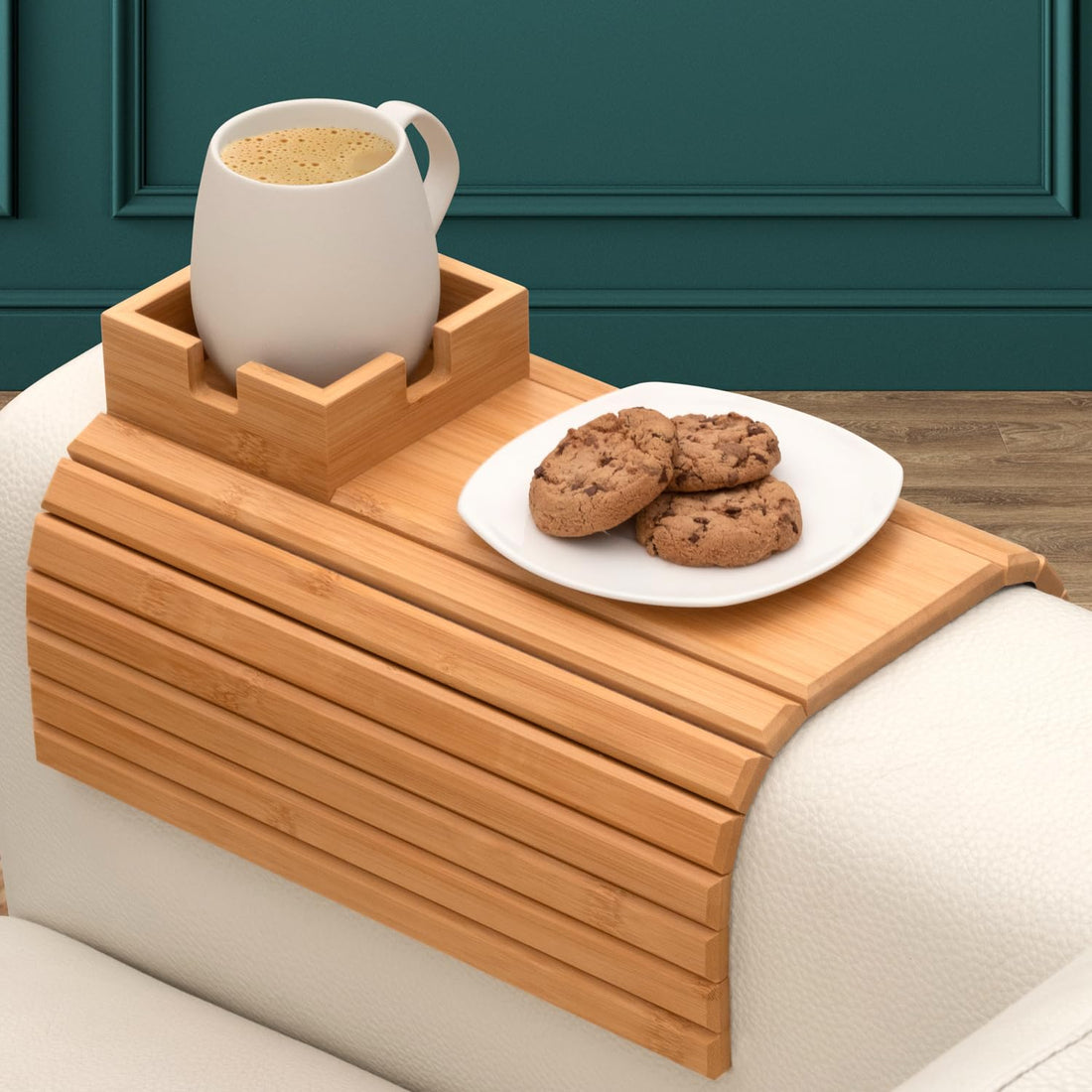 Bamboo Sofa Armrest Tray - Built-In Cup Holder