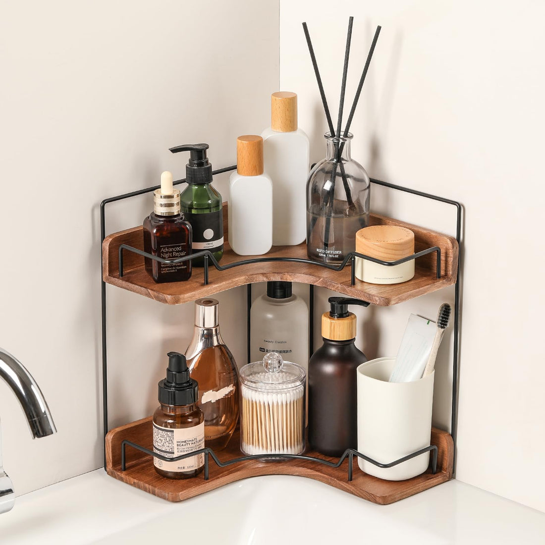 Bathroom Counter Organizer - 2 Tier Wooden Corner Shelf