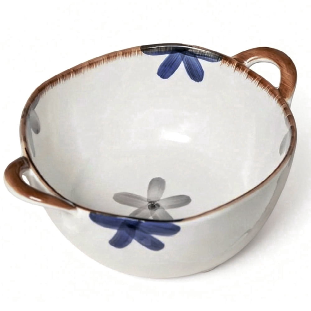 Blue Floral Ceramic Serving Bowl with Handles