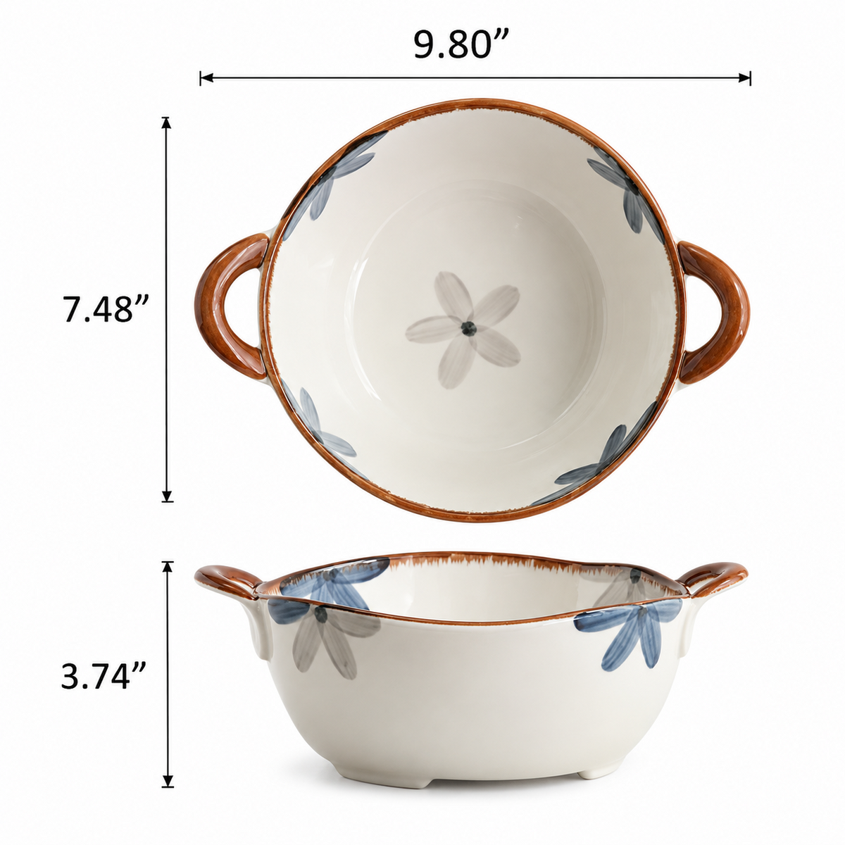Blue Floral Ceramic Serving Bowl with Handles