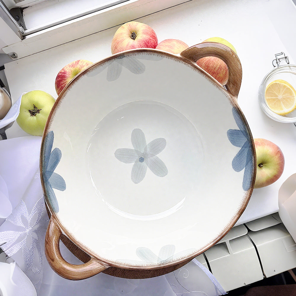 Blue Floral Ceramic Serving Bowl with Handles