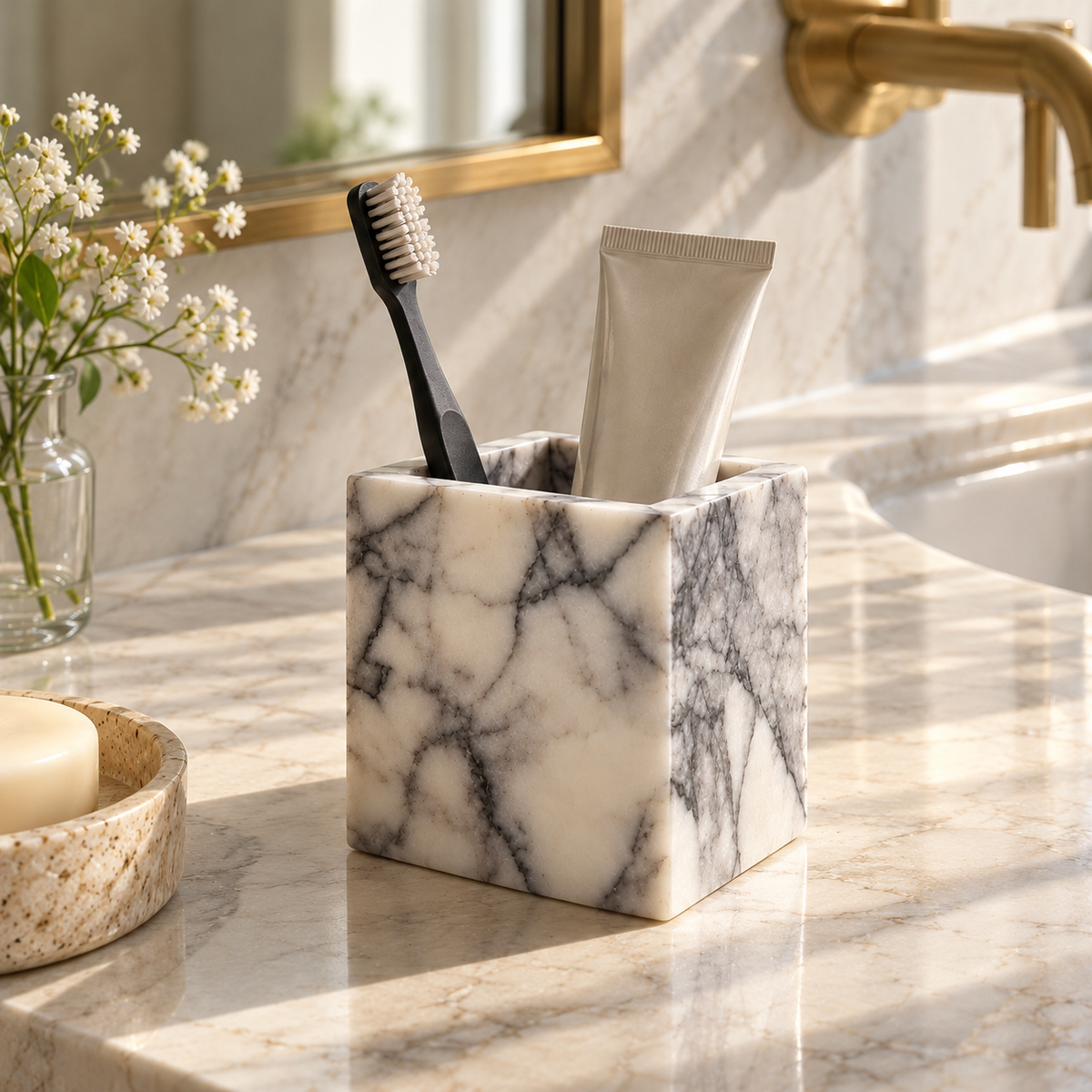 Calacatta Viola Marble Brush Holder - Vanity Organizer