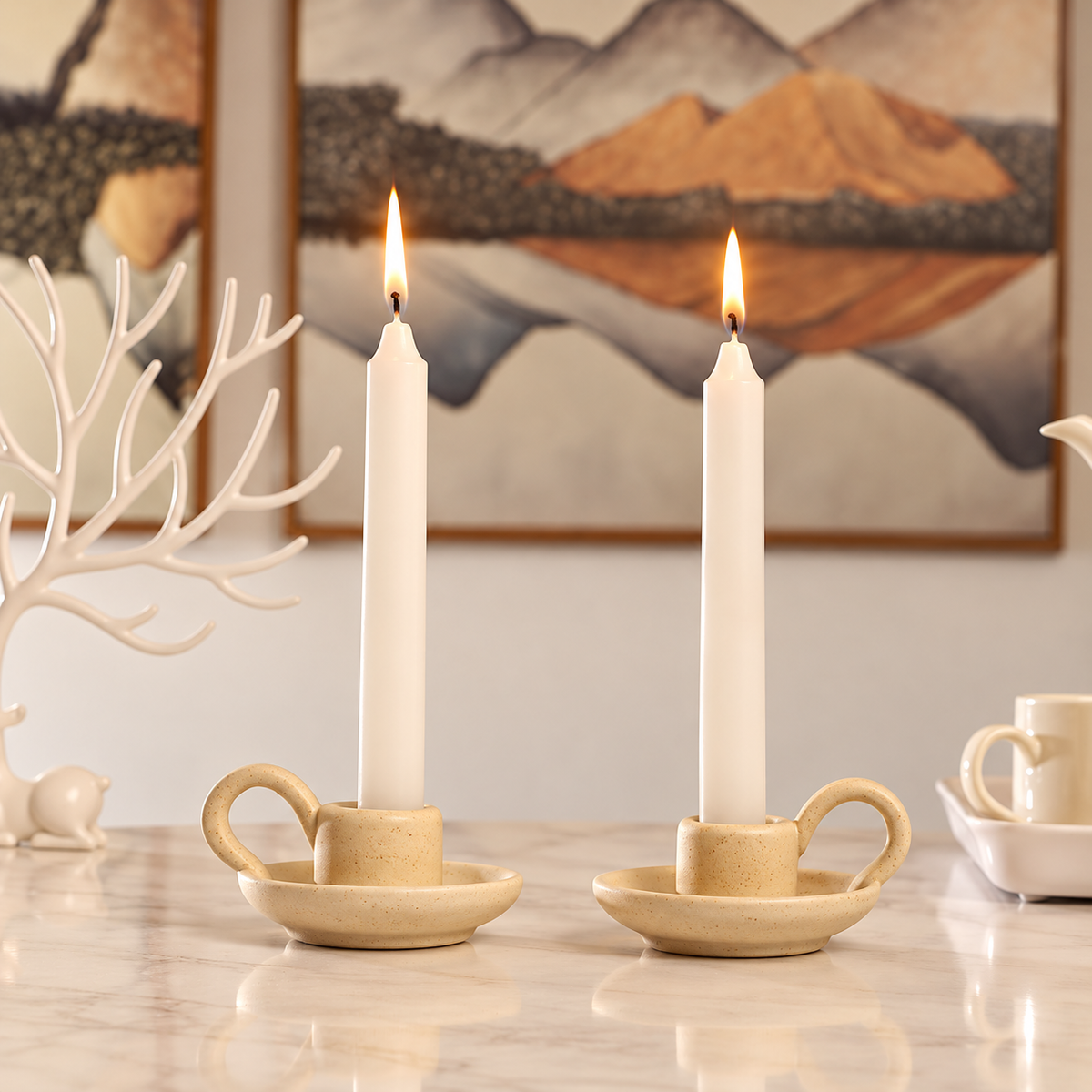 Ceramic Candle Holders - Beige Set of 2