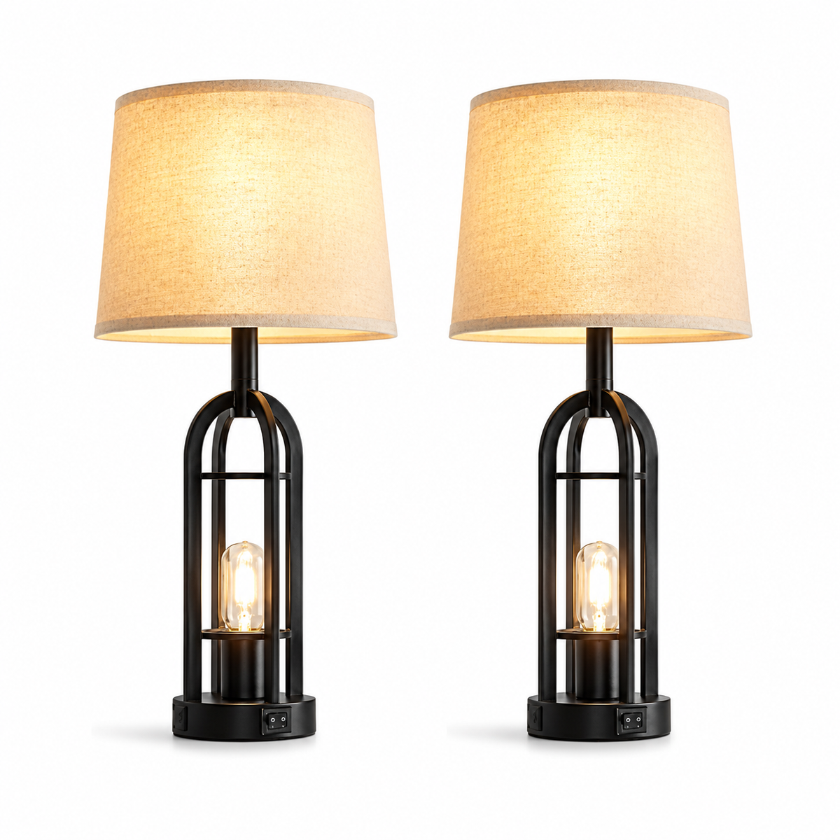 Simple Retro Bedside Lamps Set of 2 – Fabric Shades