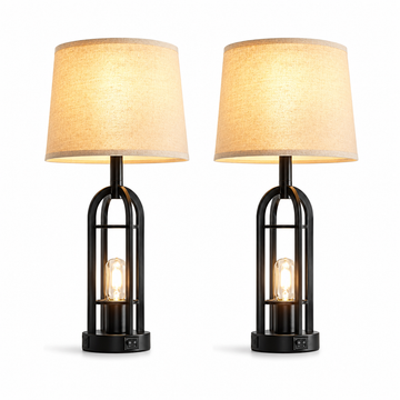 Simple Retro Bedside Lamps Set of 2 – Fabric Shades
