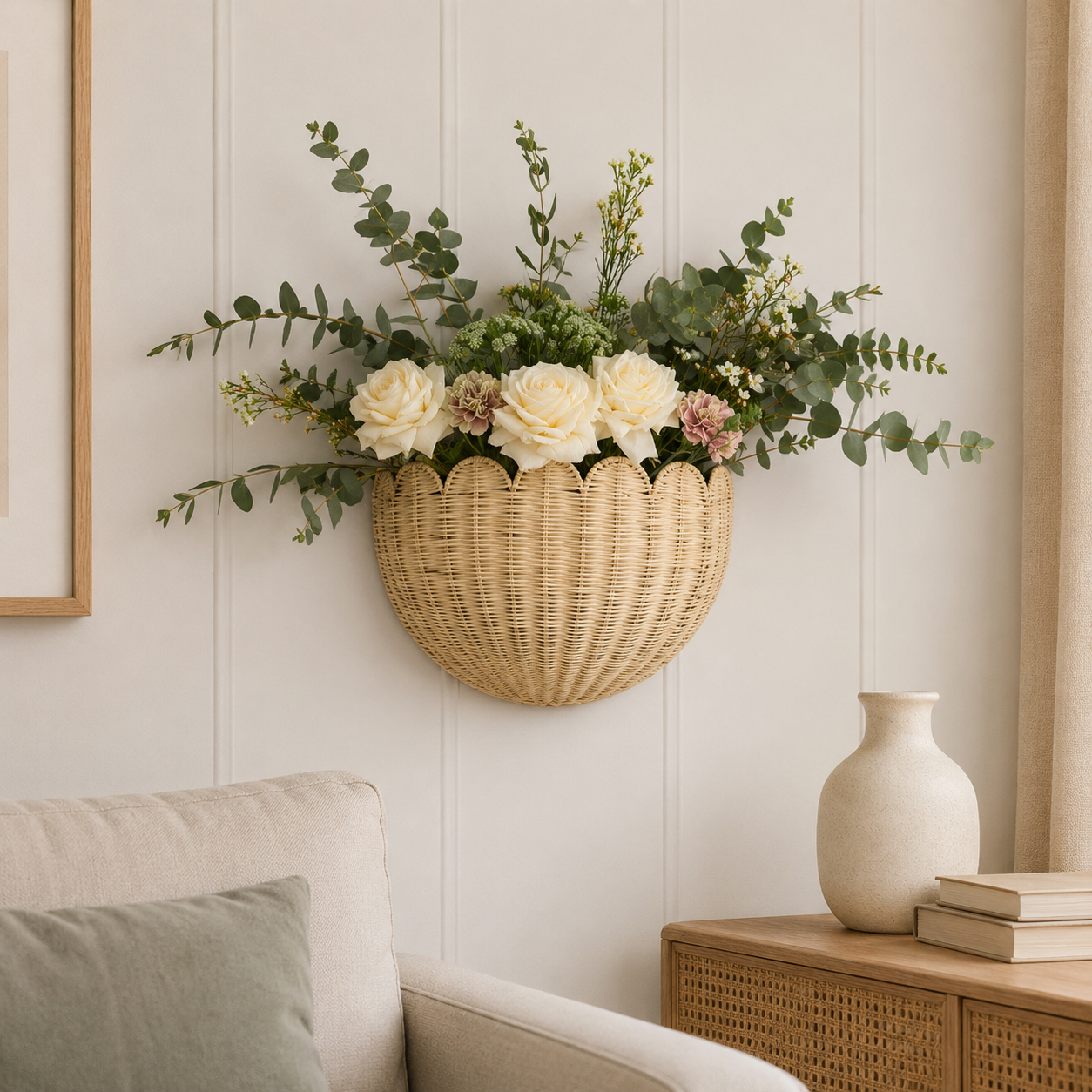 Scalloped Wicker Wall Basket - Handwoven Storage