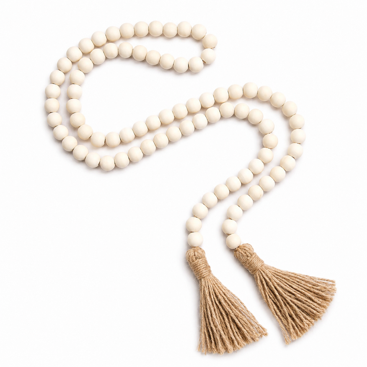 Natural Wood Bead Garland with Jute Tassels - Boho Decor
