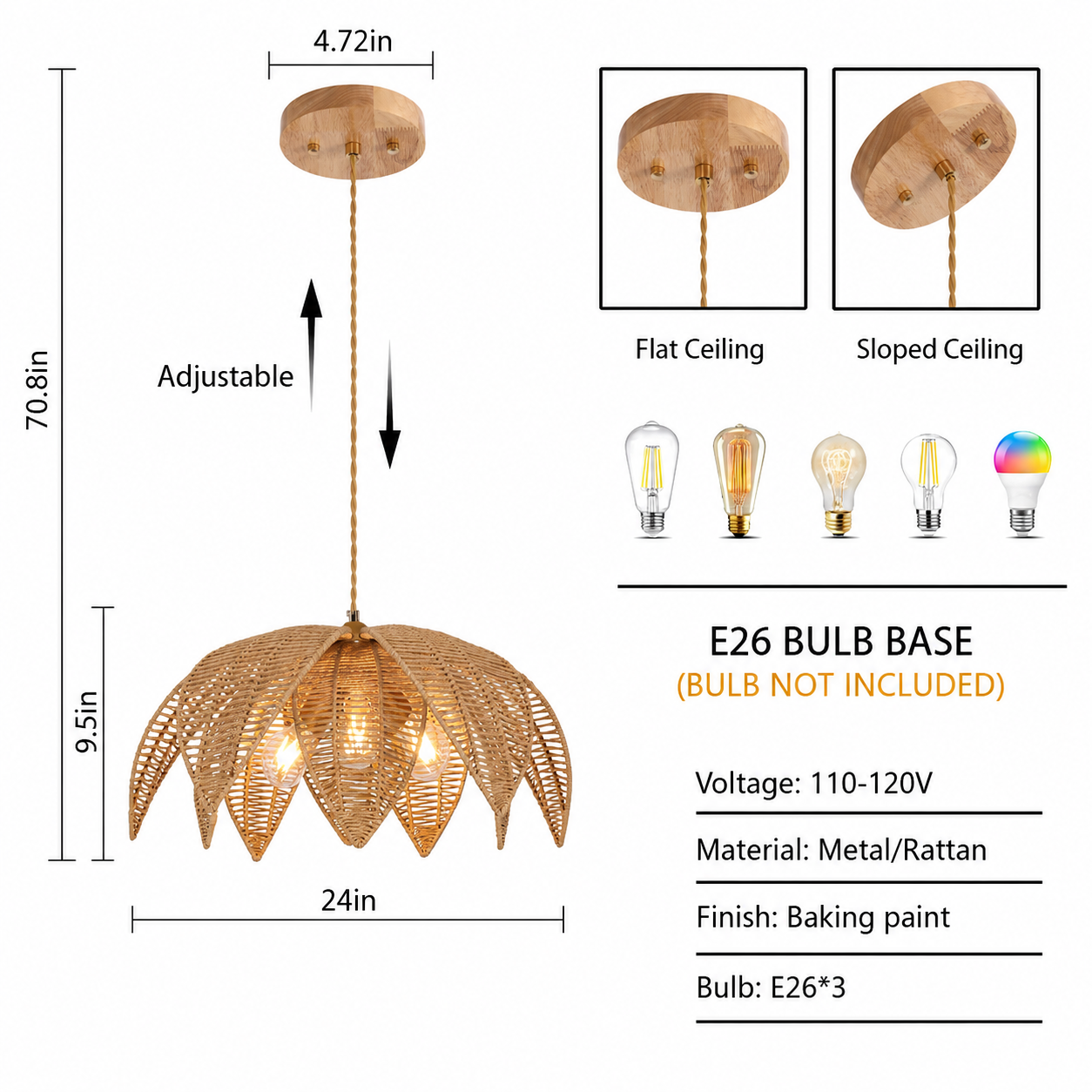 Lotus Rattan Pendant Light - Adjustable Height