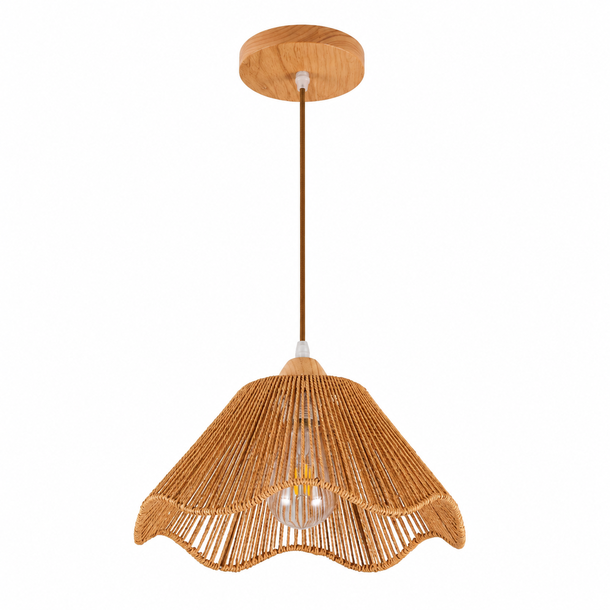 Boho Woven Rattan Pendant Light - Scalloped Shade