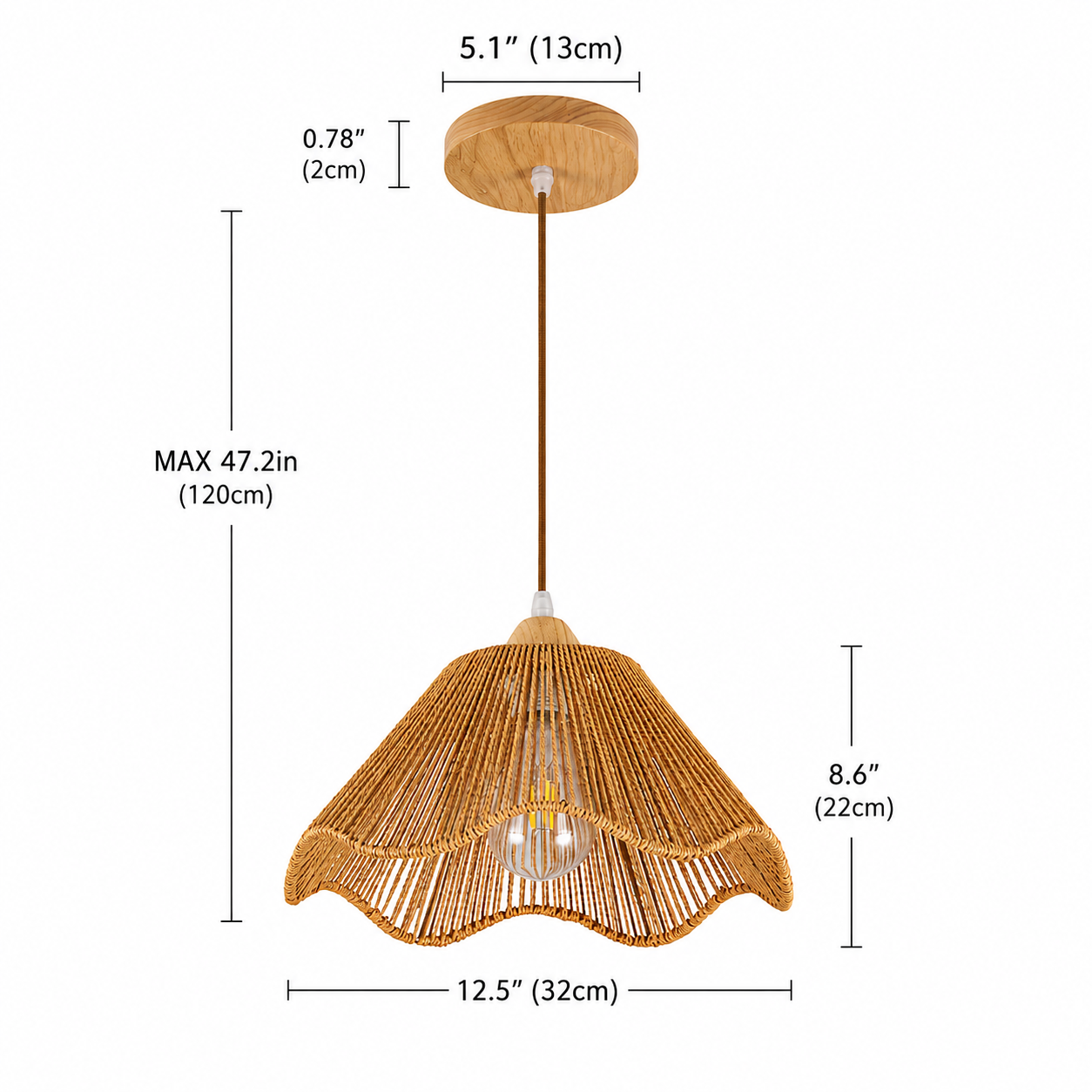 Boho Woven Rattan Pendant Light - Scalloped Shade