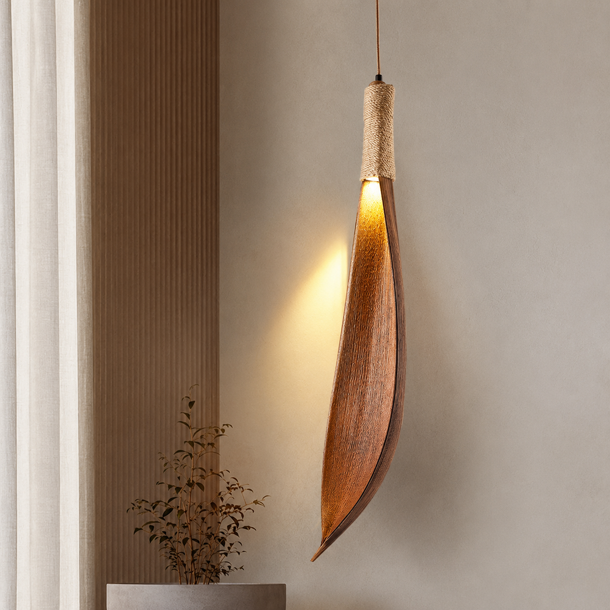 Japanese Wooden Leaf Pendant Light - Adjustable Hanging Lamp