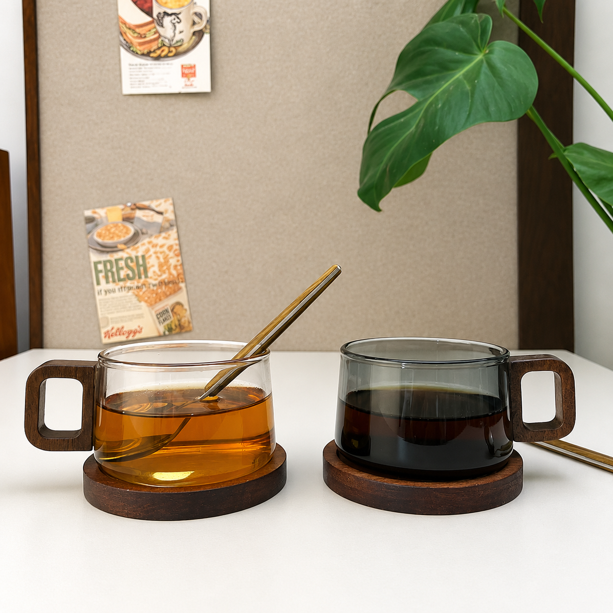 Glass Coffee Mug 200ml with Wooden Tray and Spoon