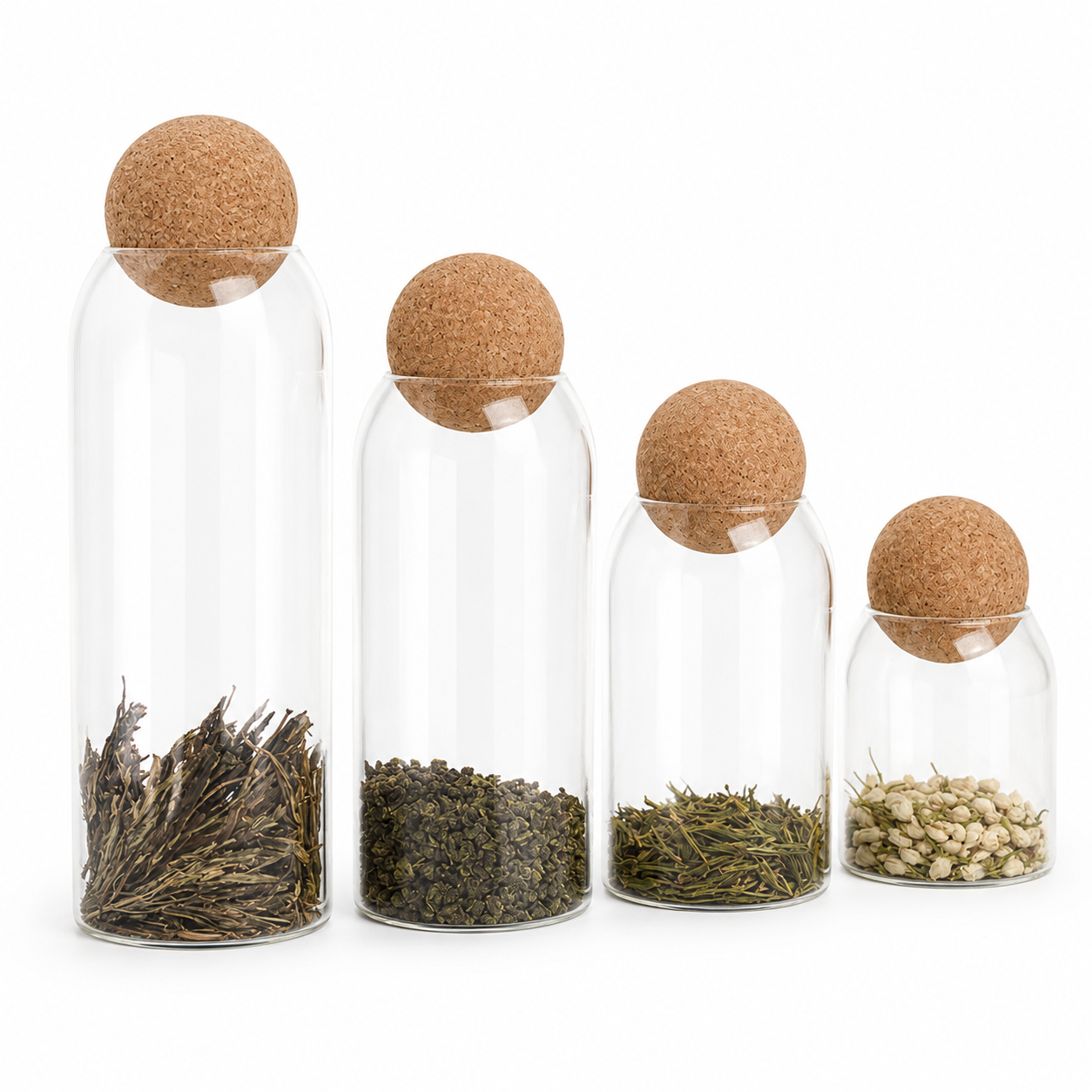 Round Cork Glass Pantry Storage Jar Set of 4