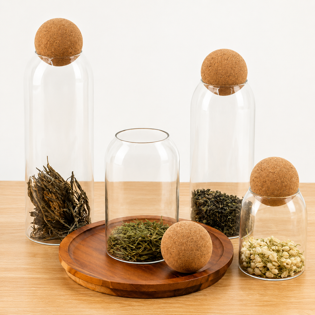 Round Cork Glass Pantry Storage Jar Set of 4