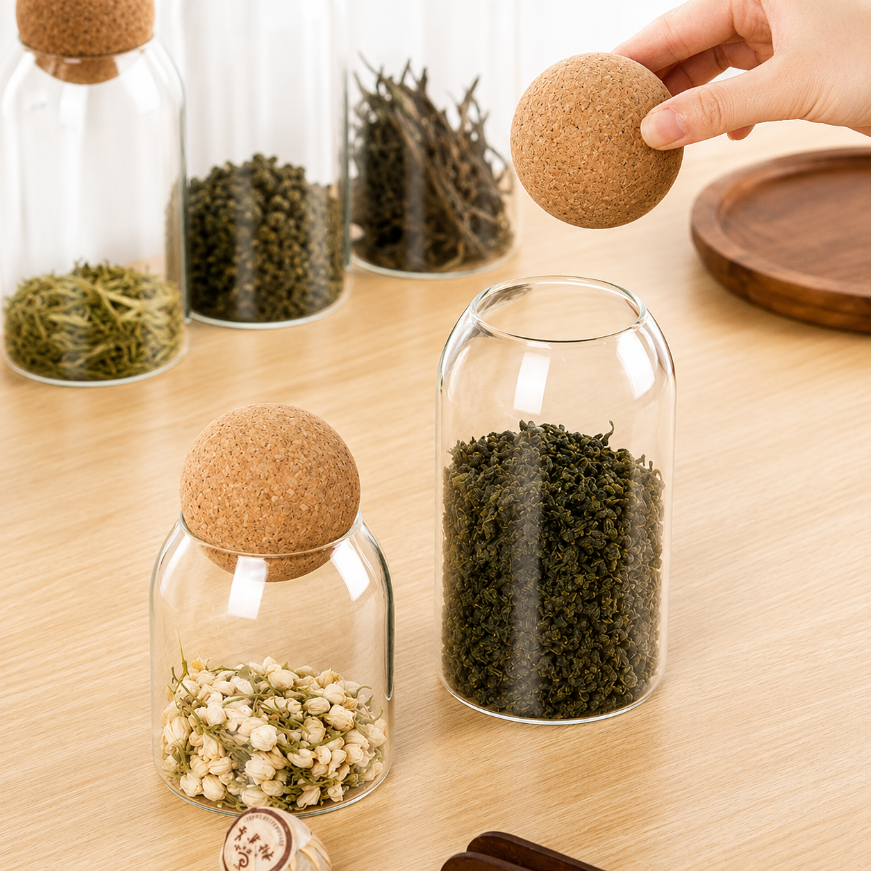 Round Cork Glass Pantry Storage Jar Set of 4