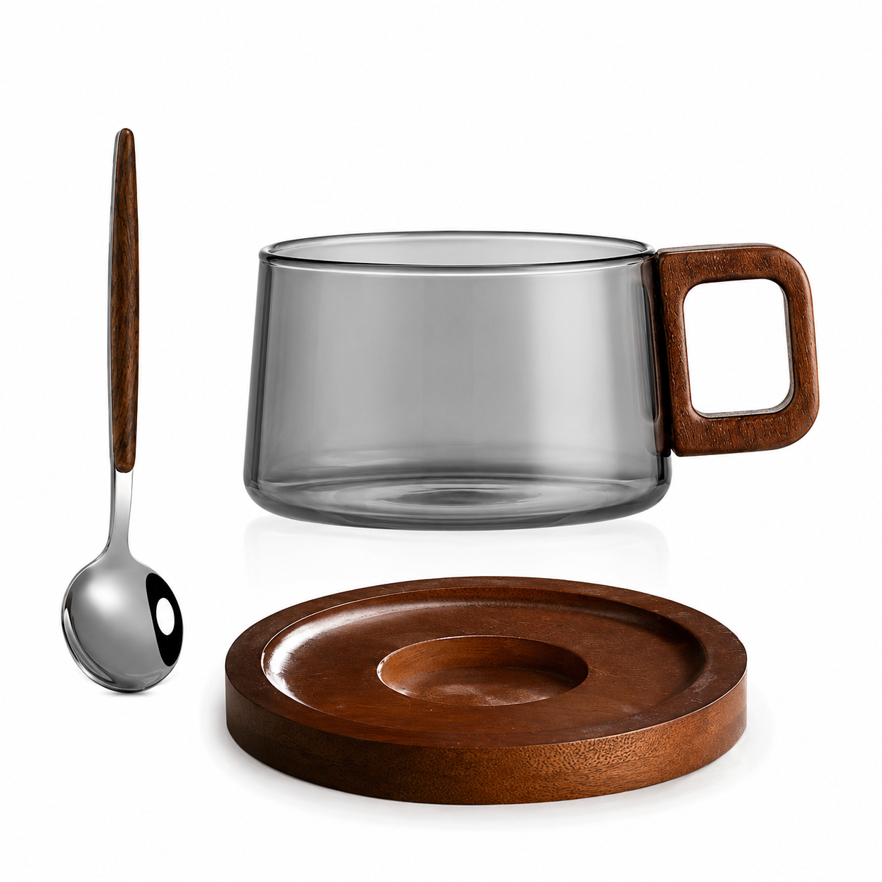 Glass Coffee Mug 200ml with Wooden Tray and Spoon