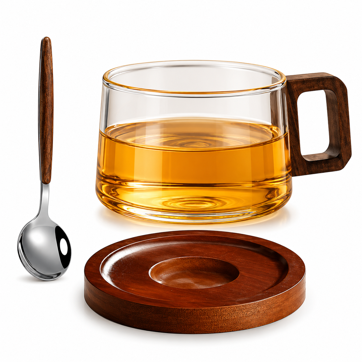 Glass Coffee Mug 200ml with Wooden Tray and Spoon