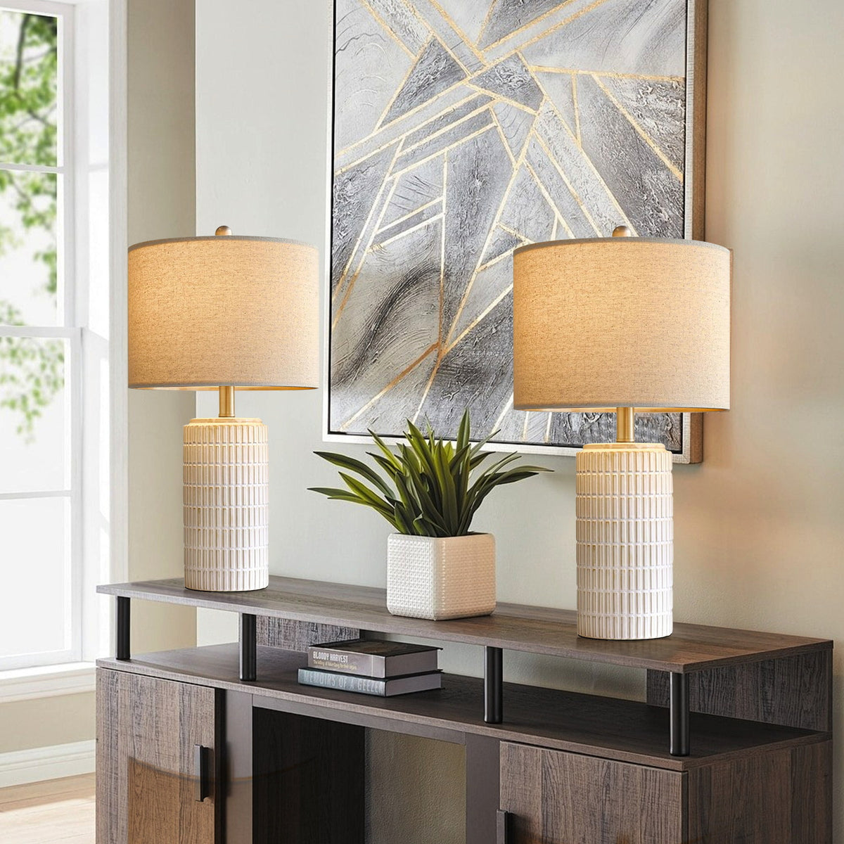 Fabric Shade Ceramic Table Lamps Set of 2