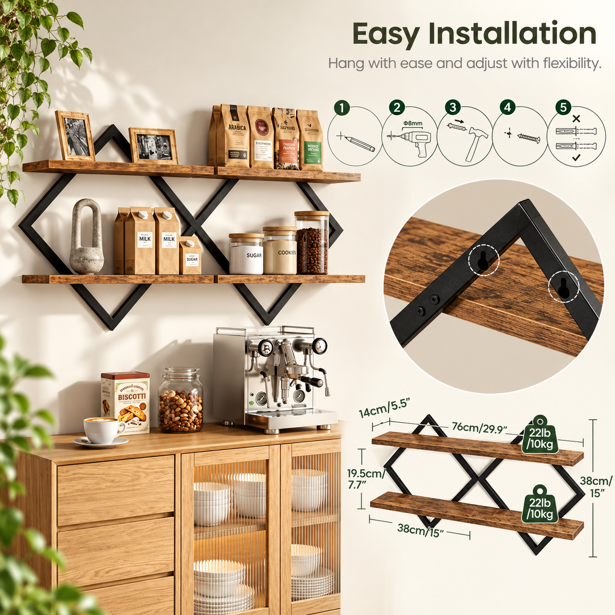 Diamond Floating Shelves - Rustic Wood Set of 2