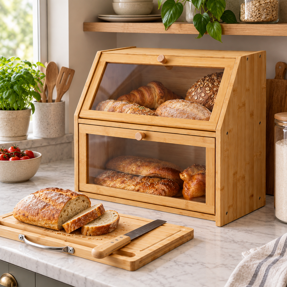 Double-Layer Bamboo Bread Storage Box