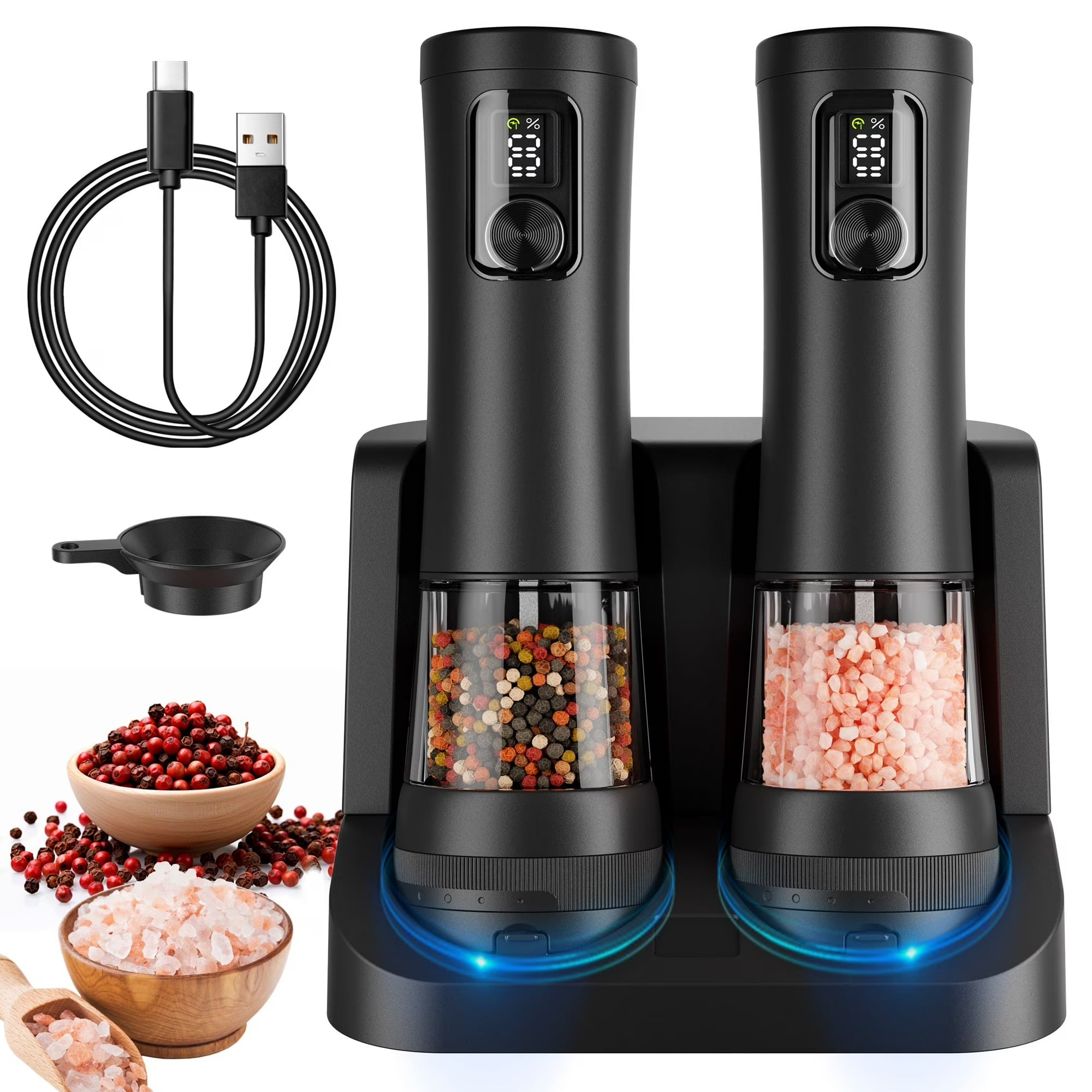 Electric Salt & Pepper Grinder Set | Rechargeable, LED Display, Adjustable Grind Levels