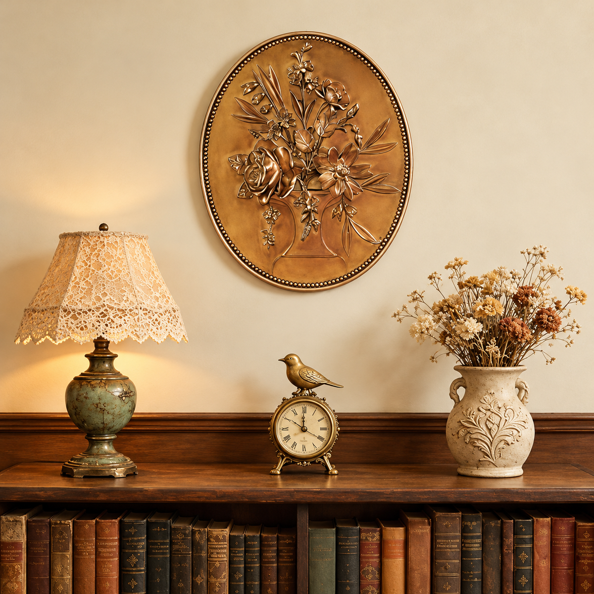 Floral Wall Art - Gold Embossed Oval Design